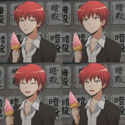 Anime Character With Red Hair Holding Up Ice Cream Cones In Front Of Him And Looking At The Camera