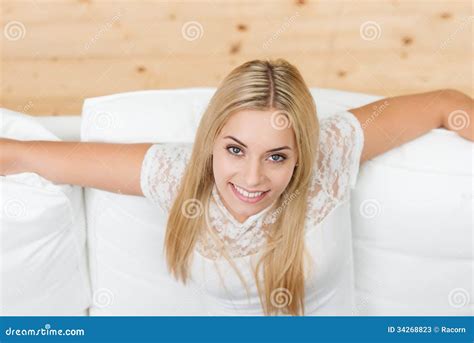 Smiling Woman Looking Up At The Camera Stock Image Image Of Recreation Happy 34268823