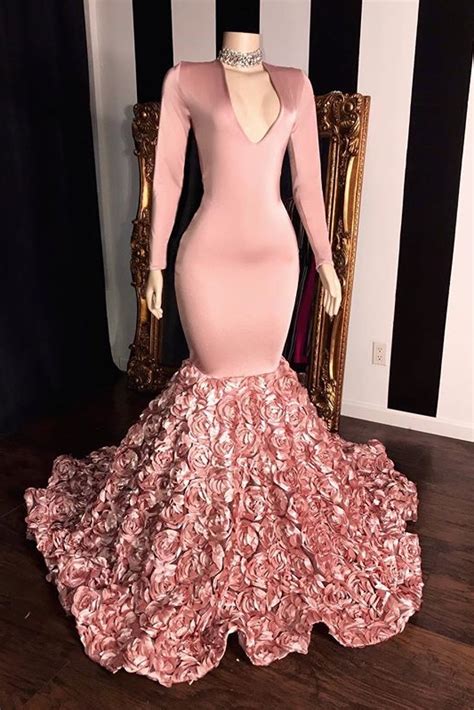 Pink Long Sleeves Flowers Mermaid Prom Gowns 2019 Elegant V Neck