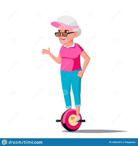 Old Woman On Hoverboard Vector Riding On Gyro Scooter One Wheel