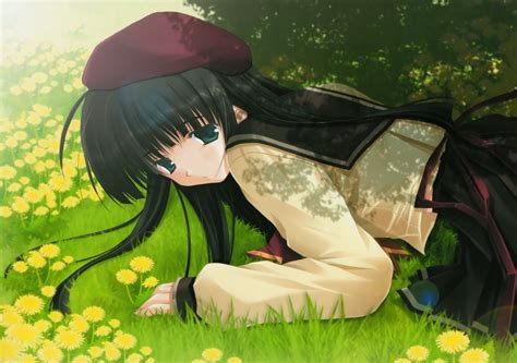 Anime Girls School Uniform Schoolgirls Grass Lying Down Sola