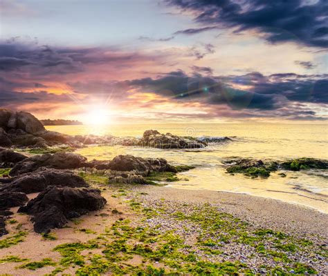 Sea Waves On The Sandy Beach At Sunset Stock Image Image Of Rock