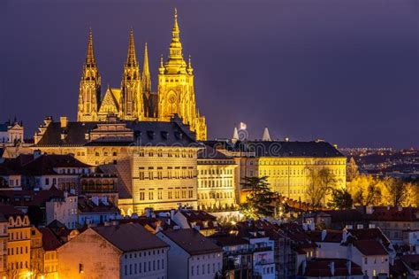 Prague Castle And Lesser Town Panorama By Night View From Petrin Hill