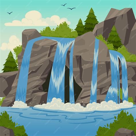 Premium Vector Wild Waterfall Landscape Cartoon Mountain River
