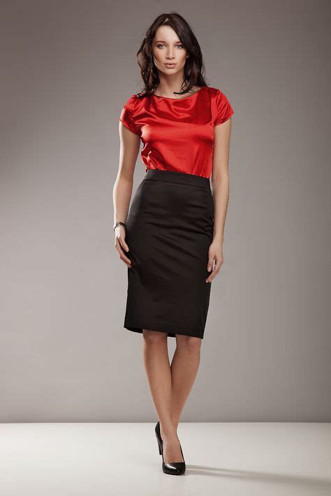 Black Satin Pencil Skirt Red Satin Blouse Sheer Pantyhose And Black High Heels Satin Clothing