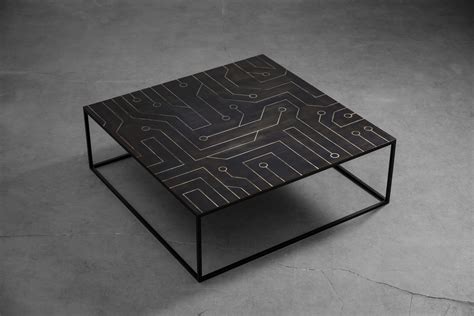 Brutalist Design Low Coffee Table With Steel Inlaid Top Tall By