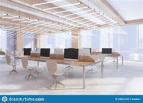 Clean Concrete And Wooden Coworking Office Interior With Window And