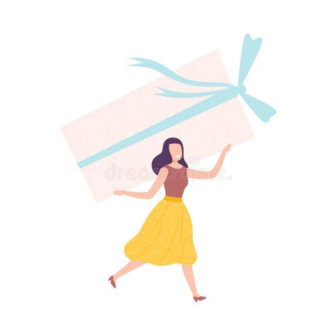 Woman Carrying Huge Present Box With Bow Tiny Person Celebrating