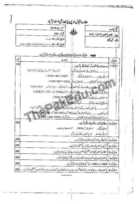 Pakistan Studies Code No 417 Spring 2016 Aiou Old Papers
