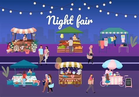 Premium Vector Night Street Fair Flat Illustration Outdoor Market Stalls Summer Trade Tents