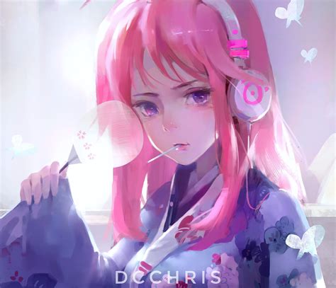 Pink Hair Dcchris Anime Anime Girls Headphones