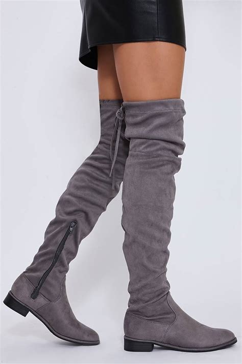 Light Grey Stretch Faux Suede Over The Knee Boots In The Style