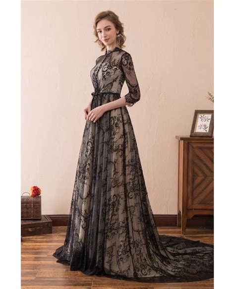 Modest All Lace Black Evening Dress Long With Sleeves Train Ch6678