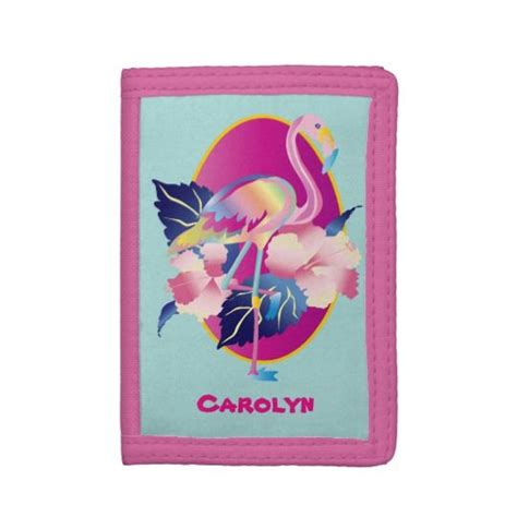 Pretty Pink Flamingo Tropical Hibiscus Flowers Trifold Wallet Pink