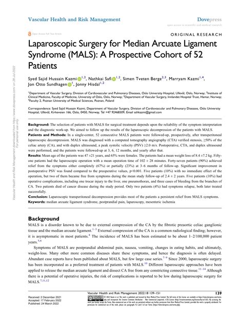 Pdf Laparoscopic Surgery For Median Arcuate Ligament Syndrome Mals
