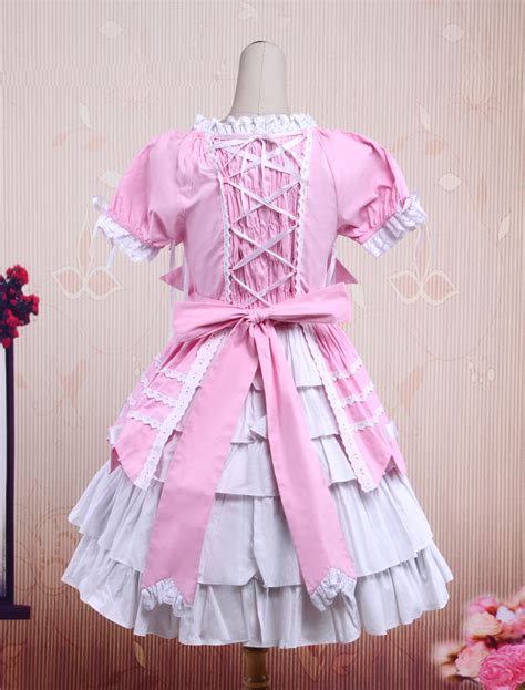 Sweet Purple Pink Lolita Op Dress Short Sleeves Layers Bows And Trim