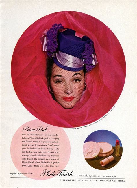 An Old Fashion Ad Featuring A Woman Wearing A Purple Hat And Veil Over