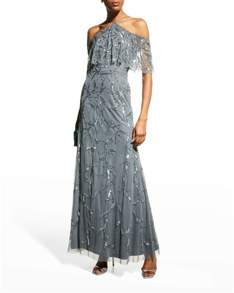 Aidan Mattox Cold Shoulder Beaded Halter Gown Neiman Marcus