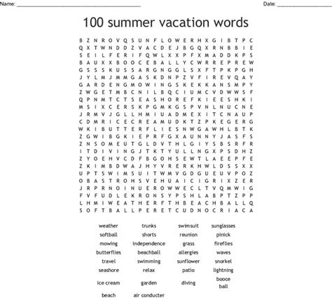 100 Summer Vacation Words Answers Key Word Search Summer Word Search