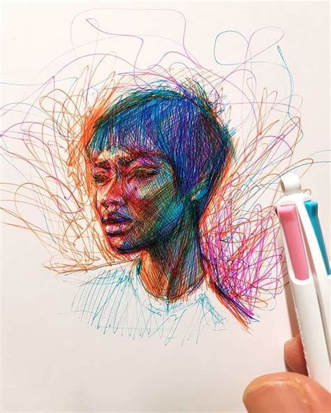 Scribble Color Pen Portraits In 2020 Pen Art Drawings Pen Art