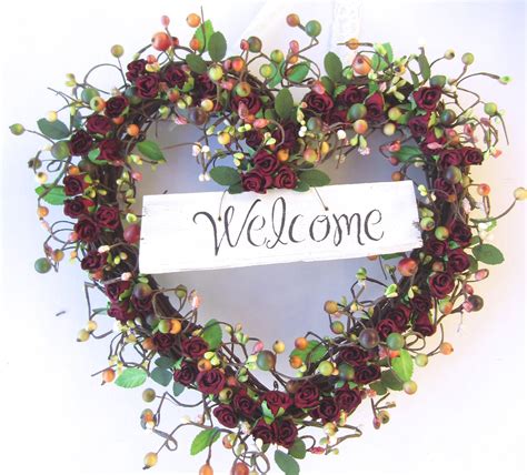 Heart Shaped Wreath Burgundy Roses Welcome By Laurelsbylaurie
