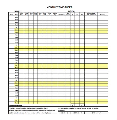 Free Printable Monthly Timesheet Template Room