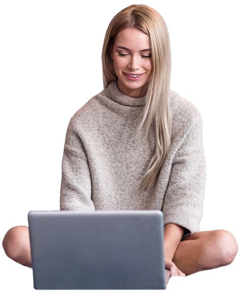 Blonde Beautiful Lady Sitting With Notebook Watching Movie Image By