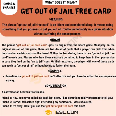 Get Out Of Jail Free Card What Does This Idiomatic Phrase Mean English As A Second Language