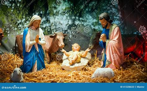 Christmas Nativity Scene Represented With Statuettes Of Mary Joseph