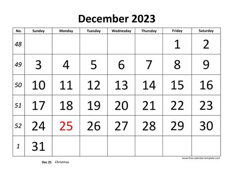 December 2023 Calendar Designed With Large Font Horizontal Free