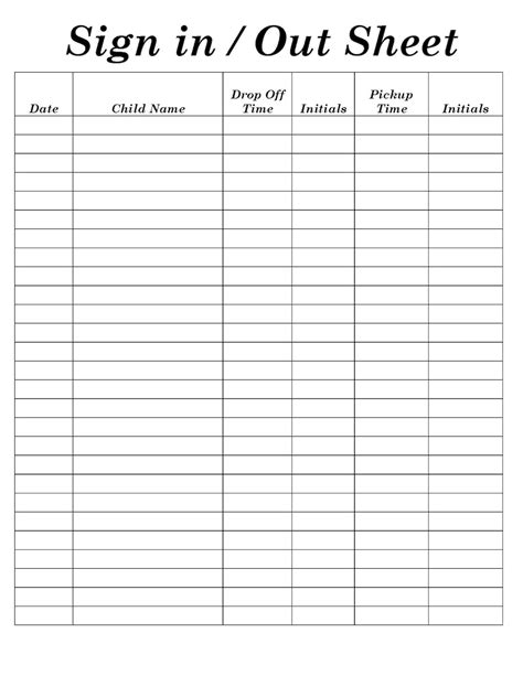 Sign In Sheets For Daycare School Preschool Sports Recreational