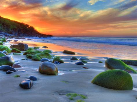 Sunset Ocean Sandy Beach Rocks Green Movi Water Nature 4k Wallpaper For