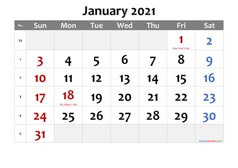 January 2021 Calendar With Us Holidays Th2021