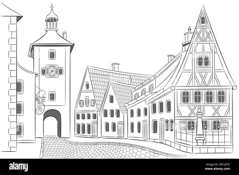 Black And White Drawing Of Old Medieval Half Timbered Houses And City