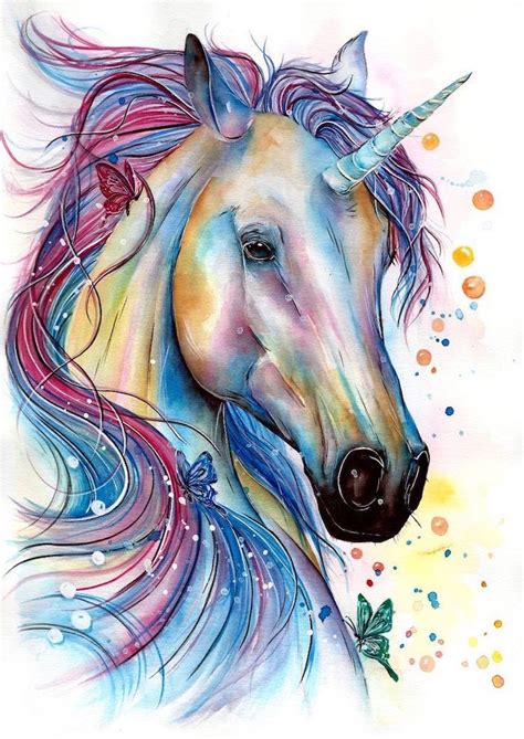 Blue Yellow Orange Red Pink Green Watercolor Painting Of A Unicorn How