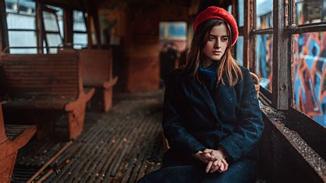 Masaüstü Kadınlar Model Portre Sokak Esmer şapka Fotoğraf Mavi Georgy Chernyadyev