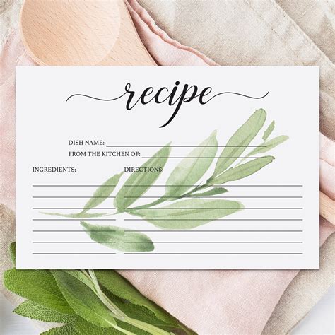 Greenery Recipe Card Printable Recipe Cards Green Leaf Recipe Etsy