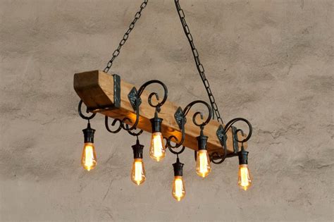 Rustic Ceiling Lights Wood Beam Light Fixture Wrought Iron Etsy In