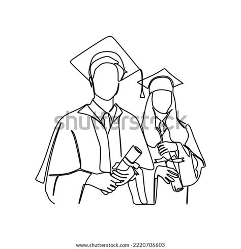 Continuous Line Drawing Graduate Students Wearing Stock Vector Royalty