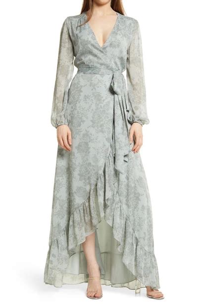 Wayf Meryl Floral Long Sleeve Wrap Gown In Sage Shadow Bouquet Print