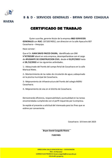 Certificado De Trabajo B And D Servicios Generales Bryan David