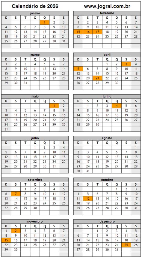 Calendário Do Ano 2026 Para Imprimir Em Formato Pdf E Imagem