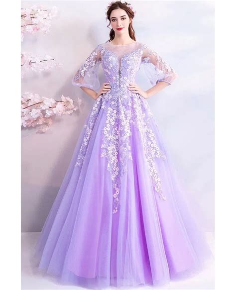 Fairy Purple Flowers Long Tulle Prom Dress With Sheer Sleeves Wholesale