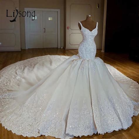 Luxury Mermaid Wedding Dress With Lace And Beaded Crystal Embellishments Long Watteau Train