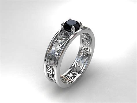Filigree Engagement Ring With Black Spinel And Diamonds By