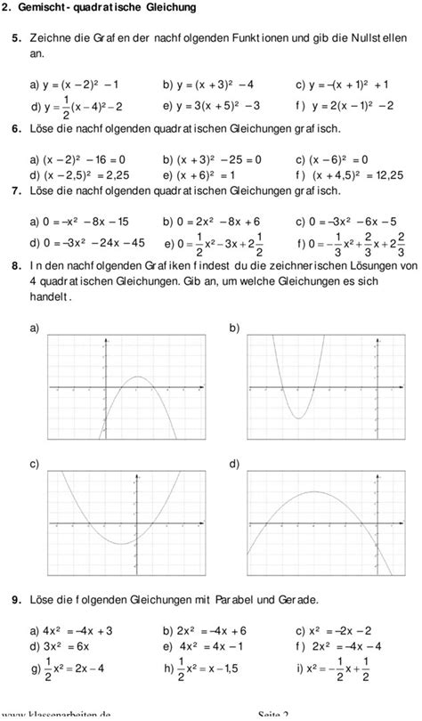 Zeichnen sie die graphen folgender funktionen jeweils in ein koordinatensystem. Übungsblatt zu Quadratische Gleichungen 10. Klasse