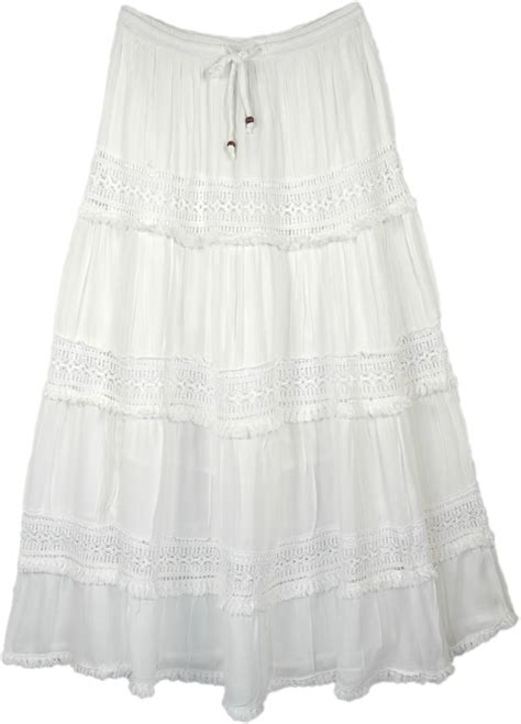 Evening Ivory Long Lace Skirt With Crochet Tier Details White