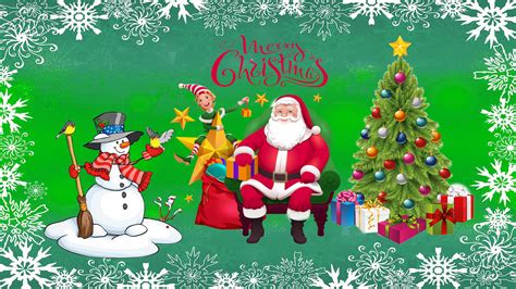 Merry Christmas Santa With Gift Christmas Tree With Decorations Snowman 