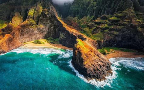 Hd Wallpaper Top View Of Brown And Green Cliff Kauai Hawaii Island