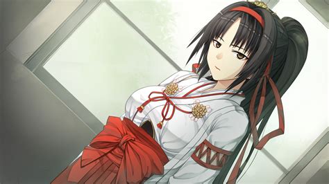 video games long hair ribbons brown eyes miko visual novel game cg traditional